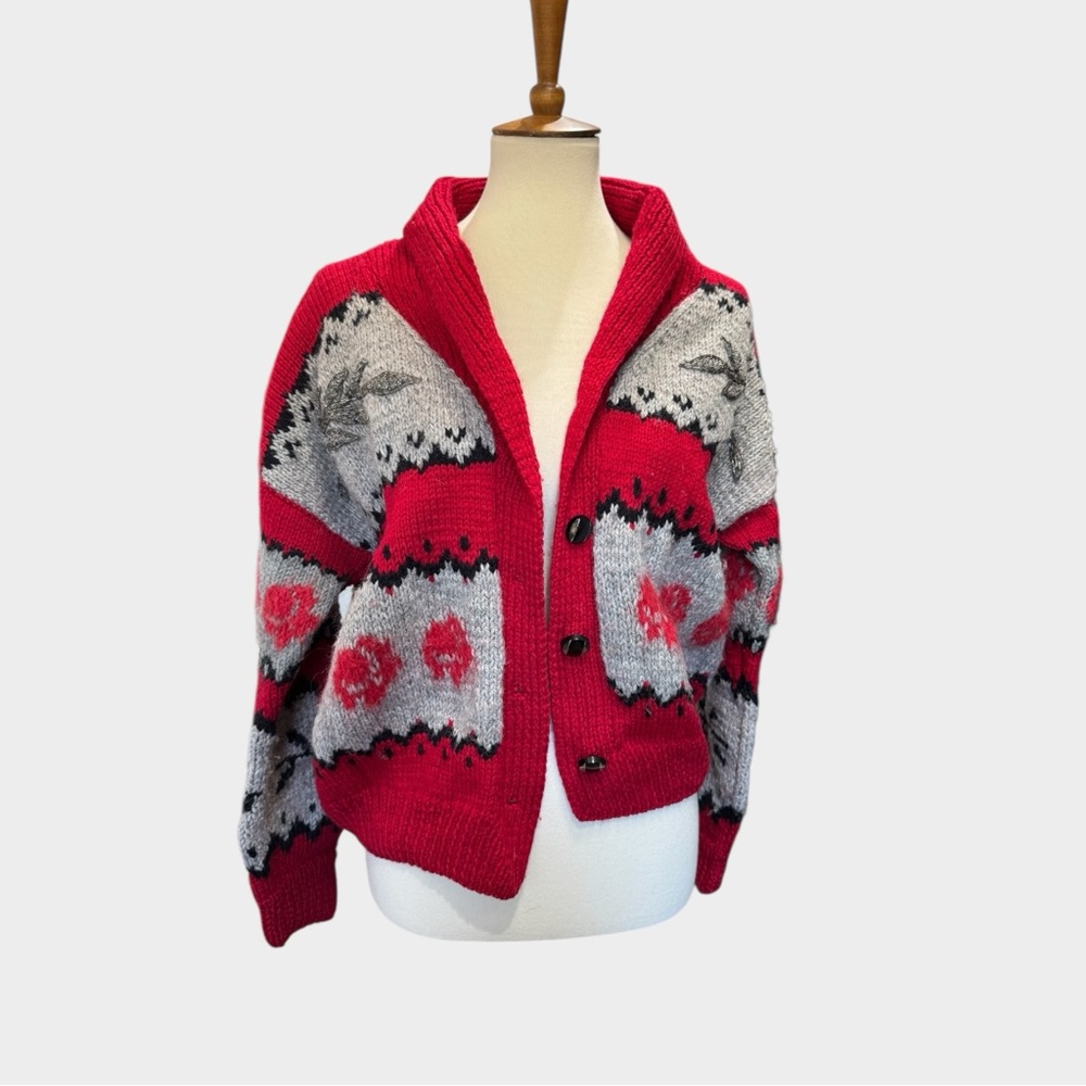 Homemade Wool Cozy Red and Gray Women's Cardigan #236